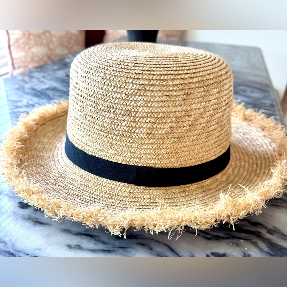 Hat Attack Shore Hat Natural Black Wheat Straw Frayed Brim Boater Sun Hat - Picture 5 of 8